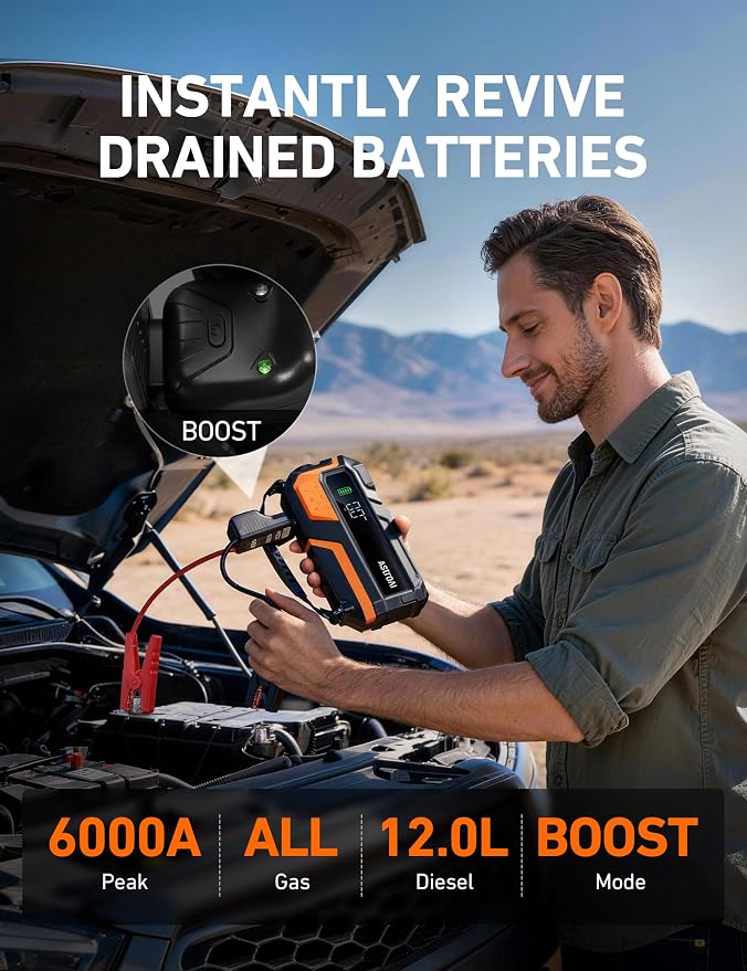 M10 6000A 150PSI Car Jump Starter with Air Compressor - 12V Portable Battery Booster (All Gas/12.0L Diesel), Smart Tire Inflator, Heavy-Duty Jumper Cables, Power Bank, LED Light, Storage Case