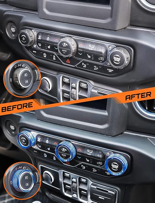 HVAC Climate Control Panel Knob Trim Kit & Light Control Switch Cover, Air Conditioner Knob Aluminum Alloy Ring for 2018-2024 Jeep Wrangler JL JLU & Gladiator JT, Interior Accessories, Blue