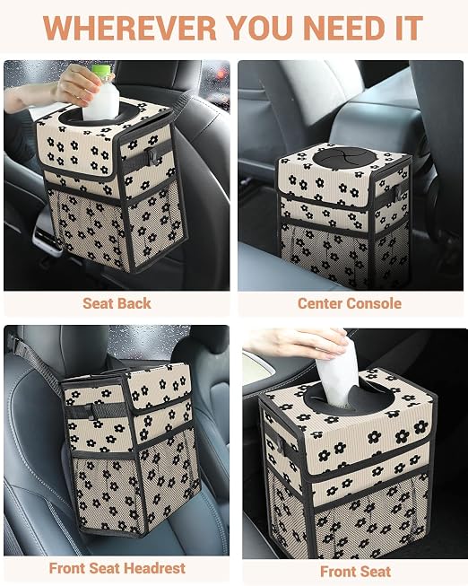 Car Trash Can with Lid, Leakproof Car Trash Bag Hanging Waterproof Automotive Garbage Can with Storage Pockets Mini Vehicle Trash Bin for Back/Front Seat(Black Flower,3 Gallon)