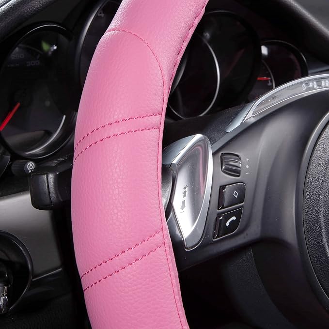Line Rider Microfiber Leather Sporty 14.5-15 inch Car Steering Wheel Cover Universal Fits for 95% Cars Sedans SUV Trucks, Anti-Slip Safety Comfortable Design (Pure Pink)