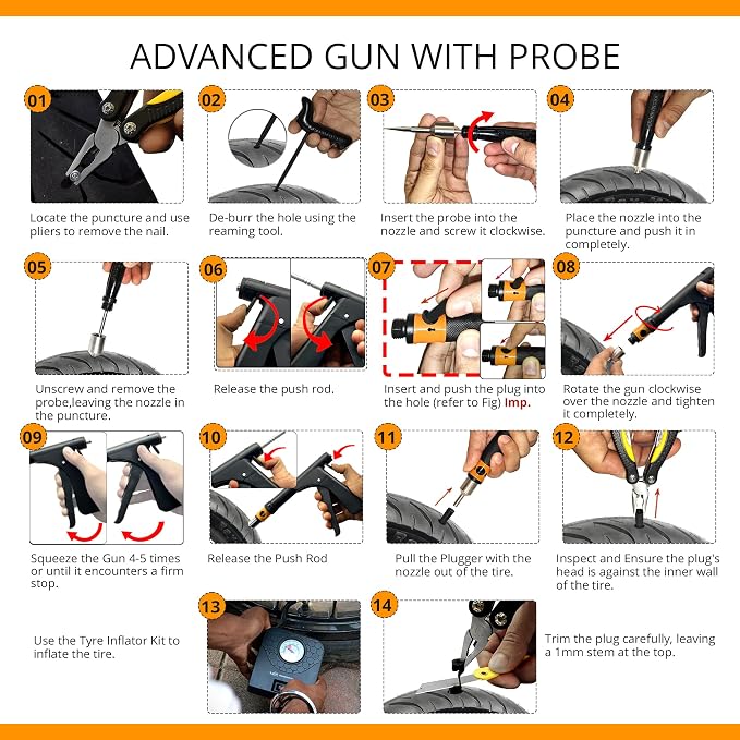 Tubeless Tire Gun Puncture Repair Kit with Mushroom Plug for Tyre Punctures and Flats on Cars, Motorcycles, ATV, Trucks & Tractors (Gun Puncture Kit with Hole 15 Plugs, Black)