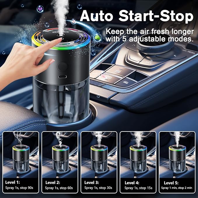 Smart Car Air Freshener Diffuser, 170ml/5.7FL OZ, Air Freshener Car Lasts for 6 Months, Car Fragrance Intelligent Auto On/Off, Ultrasonic Mist, 5 Modes, RGB Music Syncing Light, Wilderness