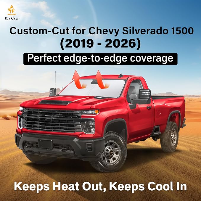 Windshield Sunshade Compatible for Chevrolet Silverado 1500 2019-2024 2025 2026, Sun Visor for Front Windshield & Window Sun Shade Cover, UV Heat Blocker & Protector, Car Accessories