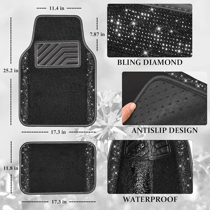 Bling Diamond Car Floor Mats, Sparkling Crystal Shining Glitter Rhinestone Carpet, Anti-Slip PVC Heel Pad Waterproof Universal for Automotive SUV,Sedan,Van,4pcs Girl Women Men Black Diamond