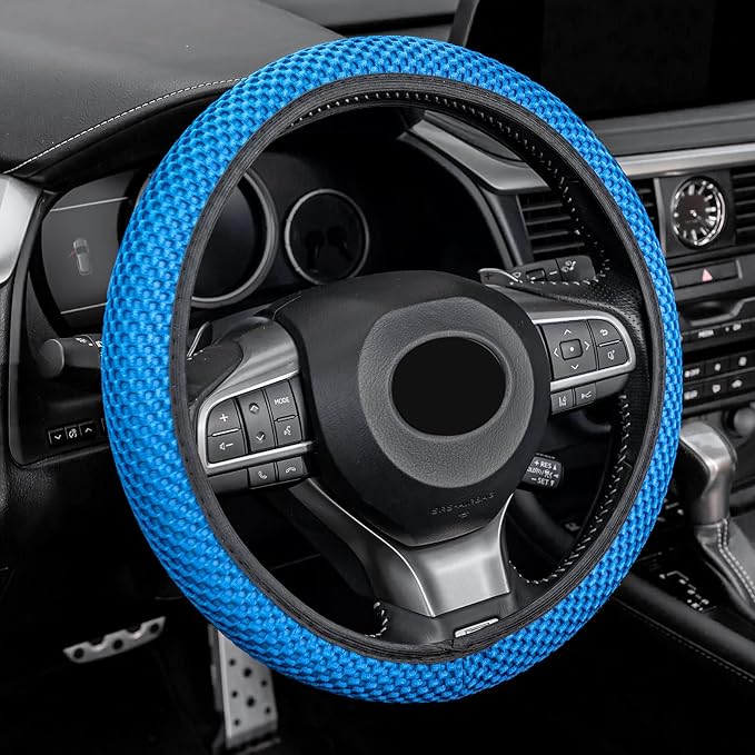 Elastic Stretch Steering Wheel Cover, Universal Interior Accessories Steering Wheel Cover for Women & Men, Breathable Microfiber Ice Silk, Anti-Slip, Odorless, Easy Carry(Blue)