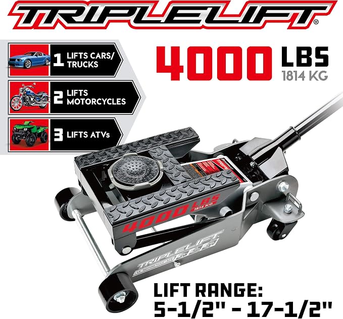 Powerbuilt 2 Ton Triple Lift Floor Jack, Works on Cars, Trucks, Motorcycles, ATV's, Transmissions, 4-3/4 to 17 in. Range, Wide and Stable, Locking Safety Bar - 620422E