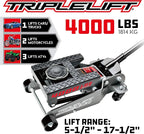 Powerbuilt 2 Ton Triple Lift Floor Jack, Works on Cars, Trucks, Motorcycles, ATV's, Transmissions, 4-3/4 to 17 in. Range, Wide and Stable, Locking Safety Bar - 620422E
