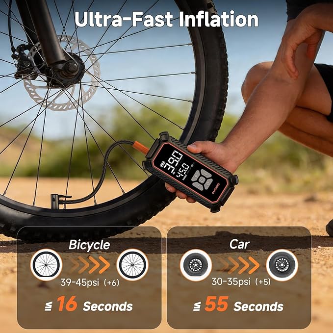 Cordless Tire Inflator Portable Air Compressor,150 PSI Bike Pump with LED Light & Digital Pressure Gauge, Dual Power Air Pump for Car Tires, Motorcycle, Bicycle, Ball