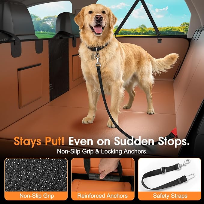 XL Hard Bottom Dog Car Seat Cover for Back Seat, 58"x69" Waterproof PU Leather Hammock with Side Flaps, Non-Slip Protector for Full-Size Trucks & SUVs, Supports Up to 450 lbs – Brown