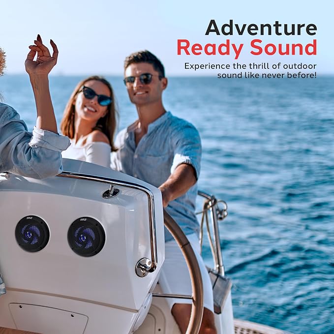 Pyle Waterproof Marine Speakers, 6.5 Inch Low-Profile Slim Mount 240 Watt Speaker Pair with Built-in Blue LED Lights, Weather-Resistant, ABS Grille, Ideal Waterproof Speaker for Boats & Powersports