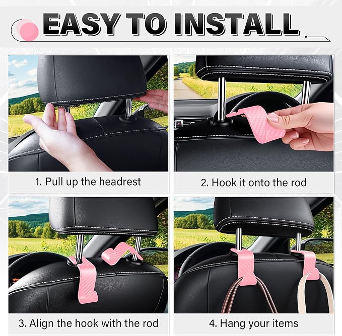Universal 2 Pack Car Seat Headrest Purse Hook, Carbon Fiber Back Seat Hook Storage Organizer Hanger for Purse Handbag Coat, Car Interior Accessories(Pink)