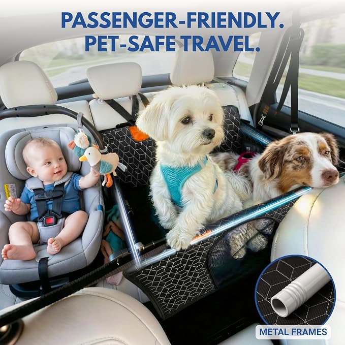 Dog Car Seat for Large Medium Dogs, Back Seat Extender for Pets with Hard Bottom, Waterproof Dog Seat Cover with 3 Mesh Windows, Removable Fleece Mat for Cars SUVs Trucks