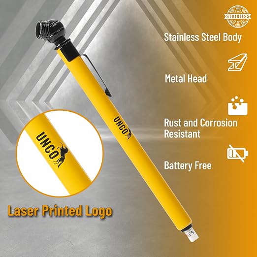 Pencil Tire Pressure Gauge, 2 Pack, 10-75 PSI, Yellow, Stainless Steel Body, Metal Made Nozzle, Rust and Corrosion Resistant, Pencil Air Pressure Gauge for Tires, 3 Measurements for Cars, Bikes