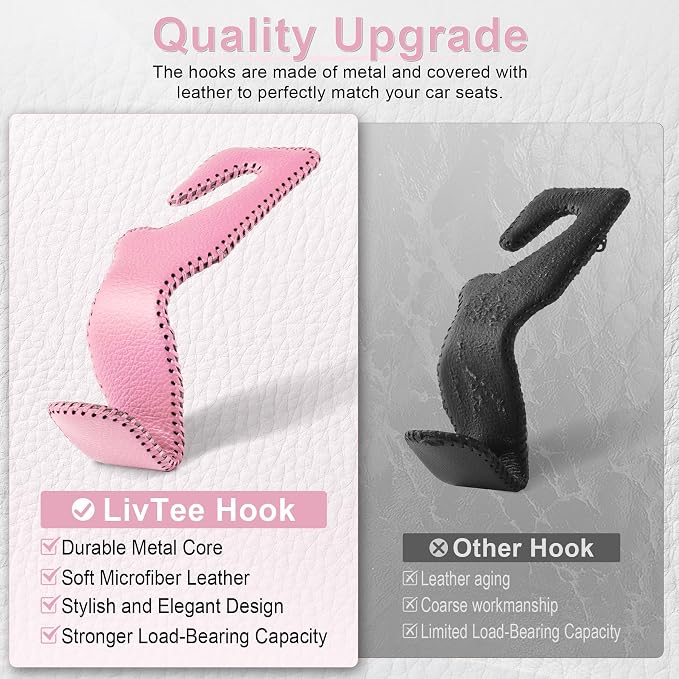 Headrest Hook for Car, Back Seat Organizer Pink Leather Hanger Holder Hook, Interior Car Accessories for Hanging Purses Bags Coats, 2 Pack