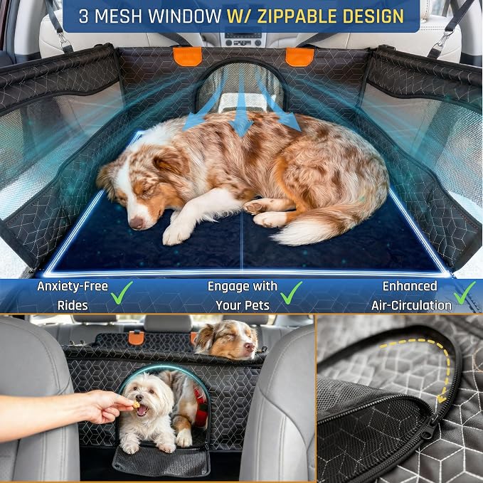 Dog Car Seat for Large Medium Dogs, Back Seat Extender for Pets with Hard Bottom, Waterproof Dog Seat Cover with 3 Mesh Windows, Removable Fleece Mat for Cars SUVs Trucks