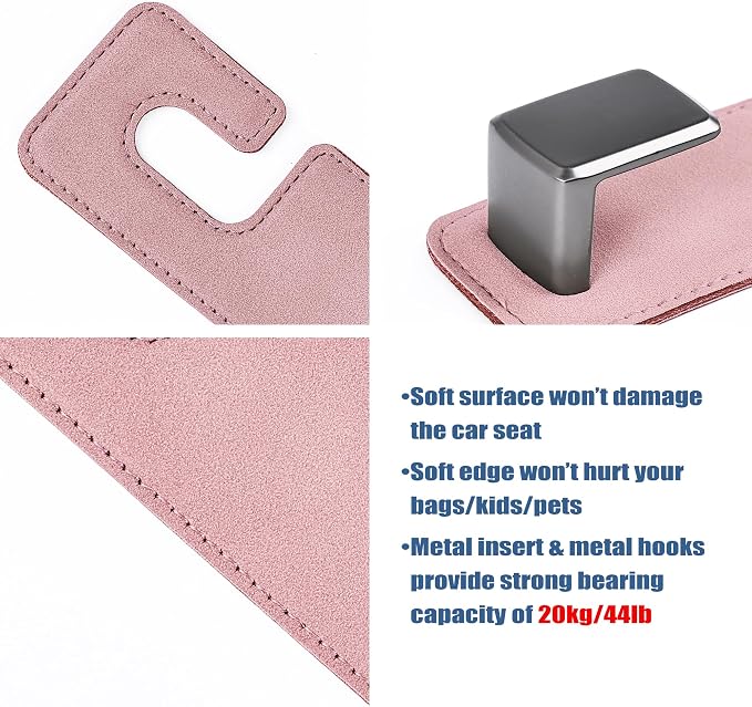 Car Seat Back Hook Universal Auto Storage Hanger Suede with Metal Car Seat Organizer for Handbag Purse Coat Umbrellas Grocery Bags 2 Pack Pink
