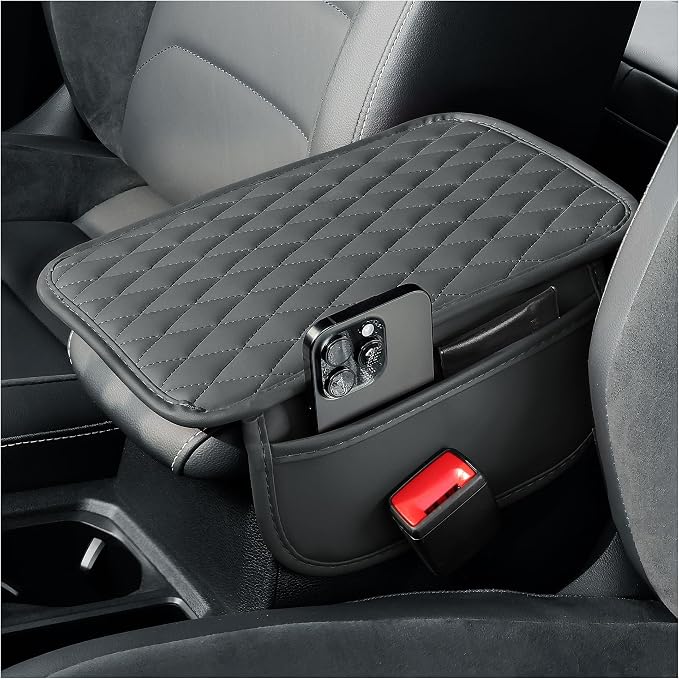 Arm Rest Cover for Car,Leather+Memory Foam Center Console Cover with Storage Bags,Universal Middle Console Cover Car Accessories Interior for Most Car Center Consoles (Gray)