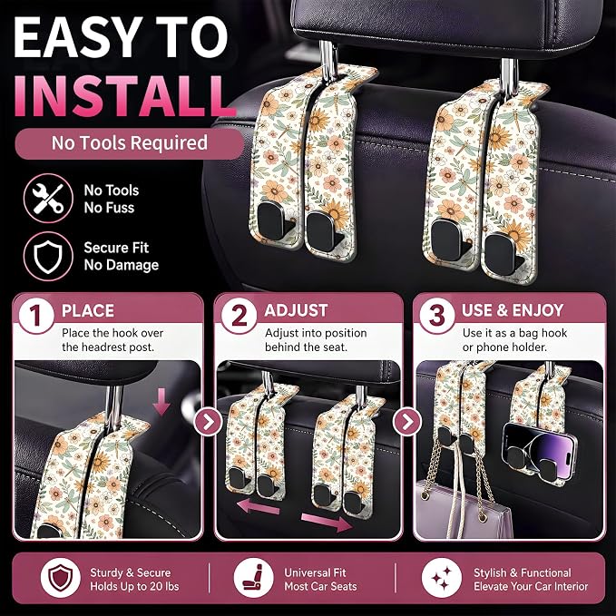 Car Seat Back Storage Hook, Funny Car Purse Hook, Cute Vehicle Storage Organizer for Purses Handbags Orange Floral Dragonfly
