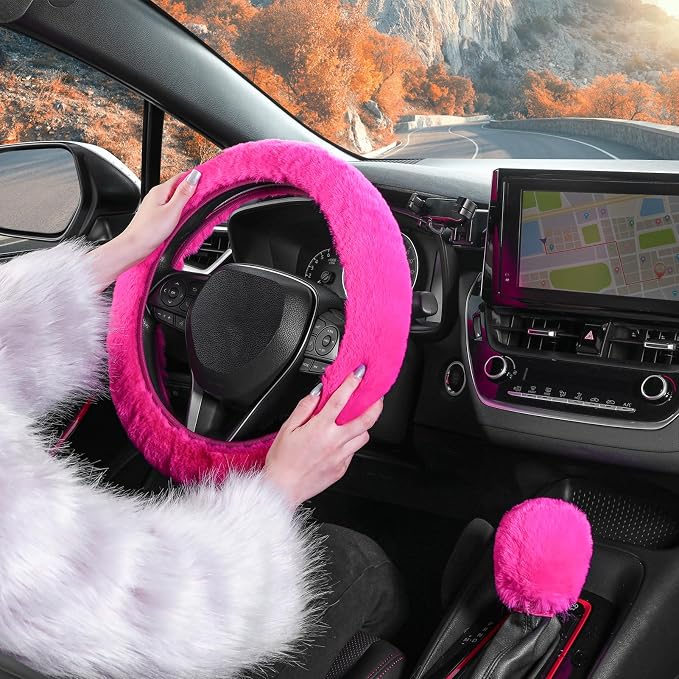 Furry Car Steering Wheel Cover with Gear Shift Cover, Soft and Warm, Cute Fluffy Auto Decor for Women Men, Standard Size, 2 PCS Set, Magenta