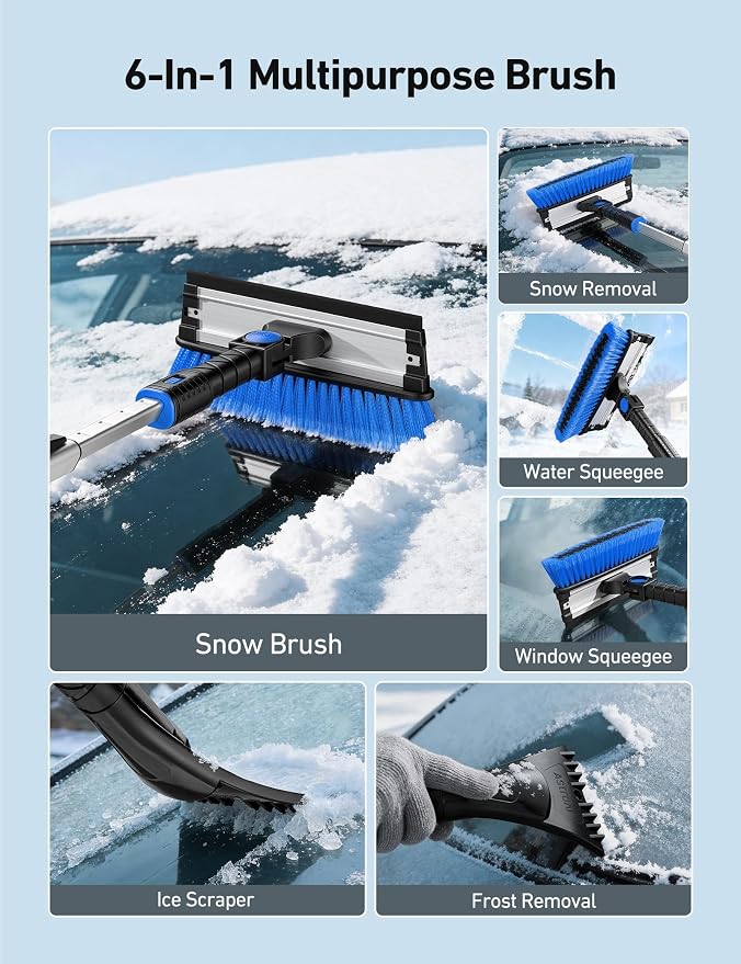 47.2" Ice Scrapers for Car Windshield, 3 in 1 Sturdy Snow Brush with Squeegee, 10 Adjustable Length Settings, Extendable Aluminum Handle, 180° Pivoting Snow Scraper for Car, Truck, SUV(Blue)