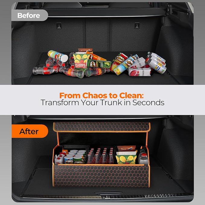 Car Trunk Organizer for SUV and Sedan, Orange-Honeycomb, 29.5 in | Honeycomb Textured Exterior, Extra‑Large, Premium Leather, Magnetic Lid, Collapsible & Adjustable, Water‑Resist & Dust‑Proof