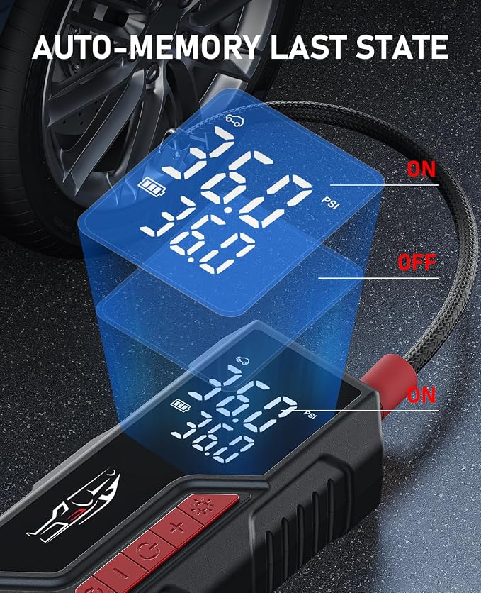 Dual Power Tire Inflator Portable Air Compressor, 12V DC & Battery Air Pump | 150PSI, Cordless, Pressure Gauge, Auto Shutoff, LED Light, One-Click Start, for Car, Motorcycle, Bike, Sports Ball