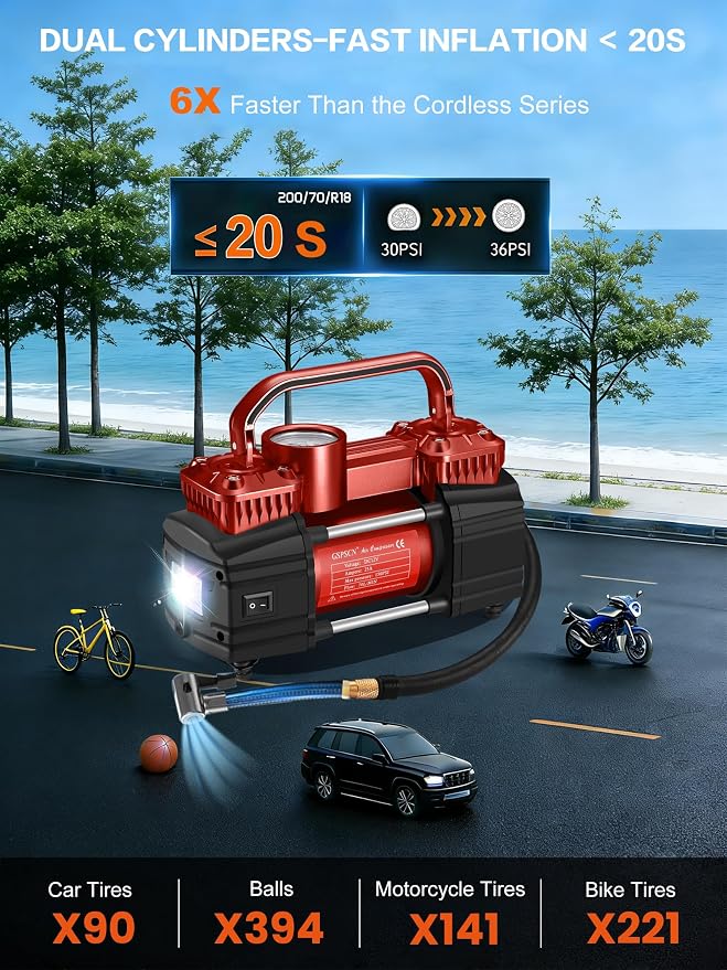 Heavy Duty Tire Inflator 12V Portable Air Compressor Pump 150PSI | 6X Faster Inflation Dual Cylinder Metal Air Pump with Led Light for Car, RV,Pickup Truck, SUV, Van,Camper, Air Bed,Balls