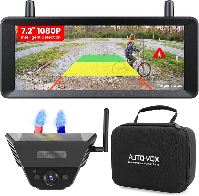 Solar Magnetic Wireless Backup Camera, 1-Min Easy Magnetic Install | Smart Detection Helps Spot Cars & Pedestrians, 7.2" 1080P Split Screen Monitor, Back Up Camera for Truck RV Trailer Camper