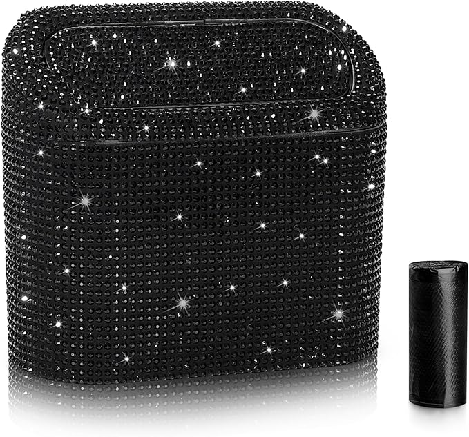 Bling Car Trash Can with Lid, Mini Vehicle Garbage Organizer Storage Bin Dustbin, Sparkling Crystal Rhinestone Holder Container with 30pcs Garbage Bags Car Accessories