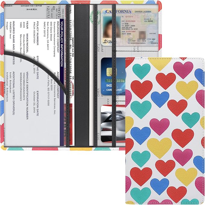 Premium Car Registration & Insurance Card Holder with Magnetic Shut, Vehicle Glove Box Car Organizer - For Documents, Cards, License (Heart symbol)