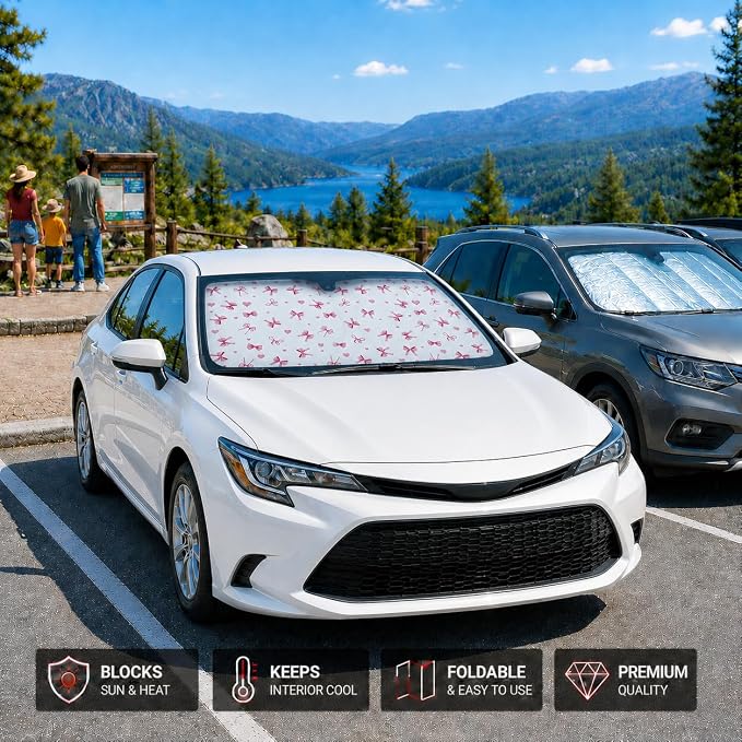 Car Windshield Sun Shade, Universal Fit Compact Sedan SUV, Cute Heart Bow | 59 x 27.5" Car Sun Visor, Foldable Front Window Sunshade, UV Heat Protection, Girly Bow Series
