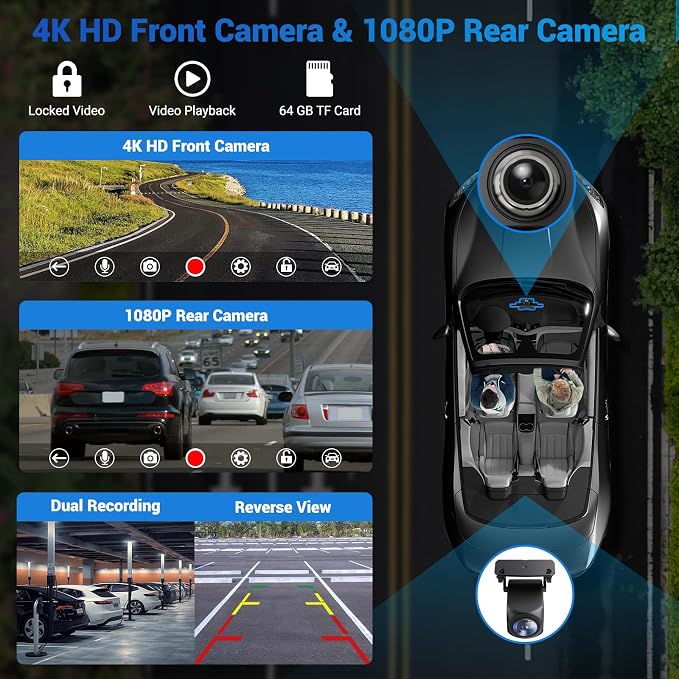 Wireless Apple Carplay Screen for Car with 4K Dash Cam, 10.26" Portable Apple Carplay & Android Auto, HD Touchscren with 1080p Backup Camera, Mirror Link/Voice Control/Music Play/GPS Navigation