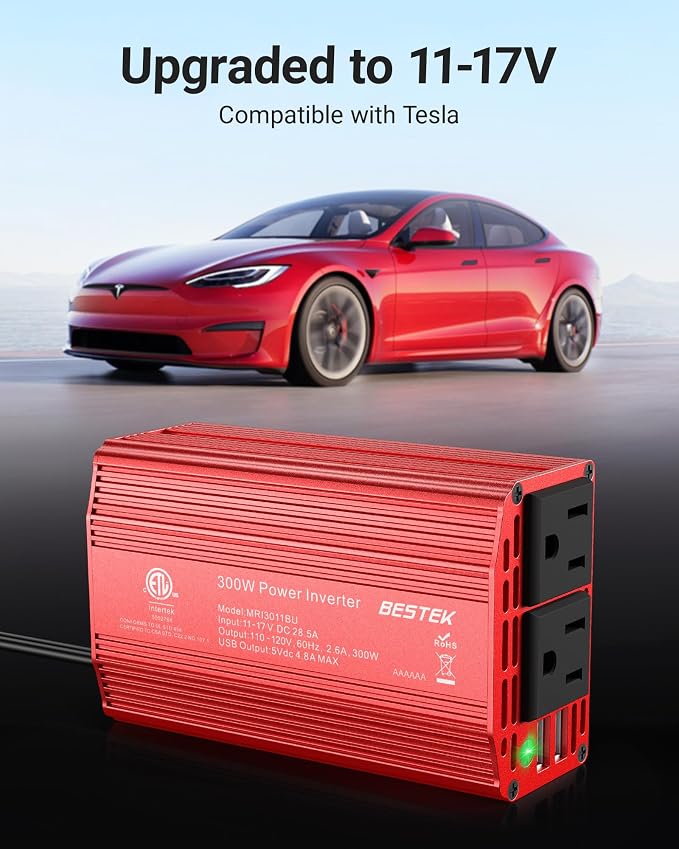 Power Inverter DC 12V to AC 110V - 300W Car Plug Adapter Outlet with 4.8A Dual USB Fast Charging Port - Car Charger Cigarette Lighter Adapter for Phone, Laptop on Road Trip - Aluminum Housing