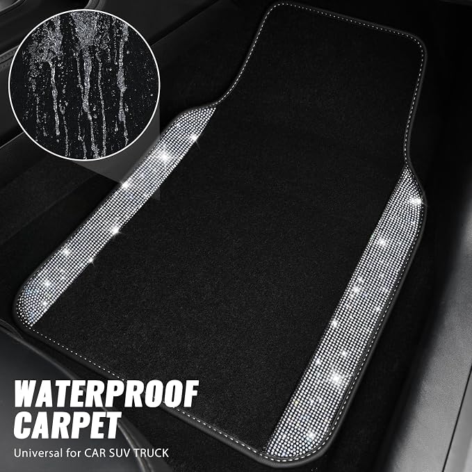 Bling Diamond Leather Steering Wheel Cover 14.5in-15in Floor Mats Shining Rhinestone Carpet Sparkly Glitter Crystal Anti-Slip Pad Fit Automotive SUV Pickup Truck Girl Women, 5pcs Black Sliver