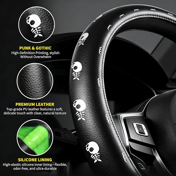 Skull Pattern PU Leather Steering Wheel Cover, Non-Slip Neoprene Lining, Universal Fit 14.5-15 Inch for Car, Truck, SUV