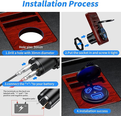 12V USB Outlet Car Charge, 108W Super Fast Dual Charging Port | PD3.0 & QC3.0 3-Port Port for Car, USB C Cigarette Lighter Replacement 12V Socket Waterproof for Marine Motorcycle RV Golf
