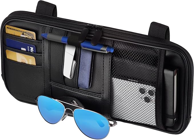 Car Sun Visor Organizer – Car, SUV, Truck Interior Accessories - Magnetic Glasses Holder & Full Length Horizontal Pockets, Allows Safe Driving - 12.2 X 6.1 In, Black