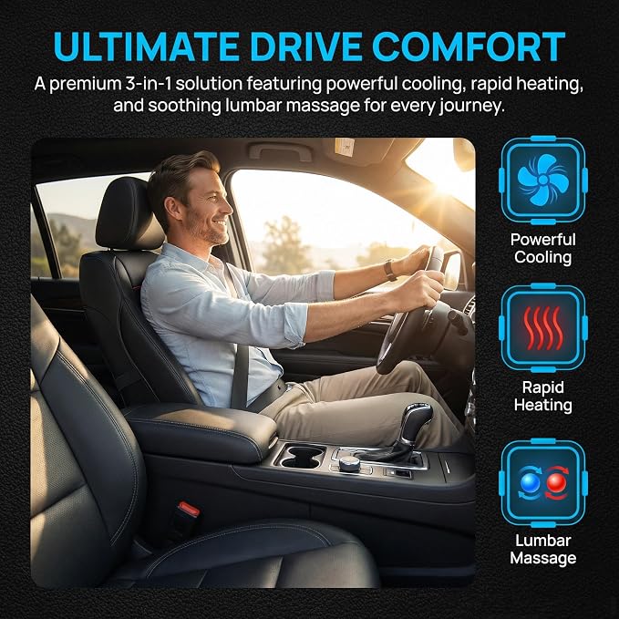 3-in-1 Cooling Car Seat Cushion with Ventilated Fans & Massage, Breathable Front Seat Cooling Seat Cover, 12V Universal Car Seat Cover for Cars, SUVs, Trucks (Black-3)