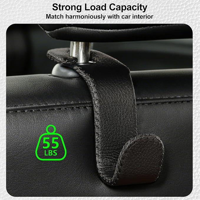 Car Seat Headrest Hook, Universal Vehicle Storage Hanger, Leather with Metal Car Seat Back Organizer for Handbag, Purse, Coat, Ergonomic Design, Black 2 Pack