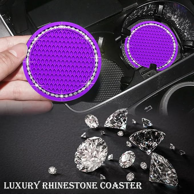4PCS Bling Cup Holder Coaster, 2.75 Inch Auto Car Cup Holder Insert Coasters, Soft Silicone Anti-Slip Shockproof, Universal Vehicle Interior Accessories for Women Girls (Purple & White)