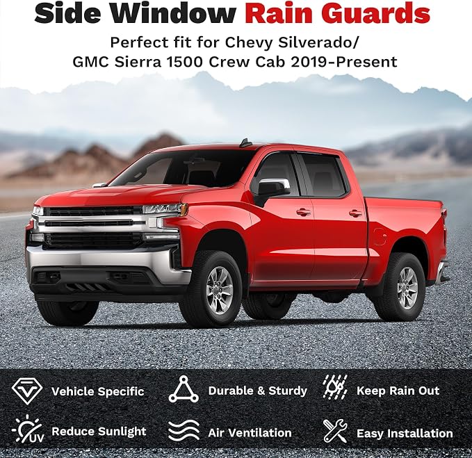 Window Visors Rain Guards for Chevrolet Chevy Silverado/GMC Sierra 1500 Crew Cab 2019-2025 2026 Accessories, Outside-Mount Tape-On Side Window Wind Deflectors Vent Visors Shades Rainproof