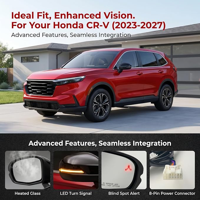 Passenger Side Mirror Compatible With 2023 2024 2025 2026 2027 Honda CRV With Power Glass Heated Turn Signal Light Blind Spot Light Manual Folding 8-Pins Black