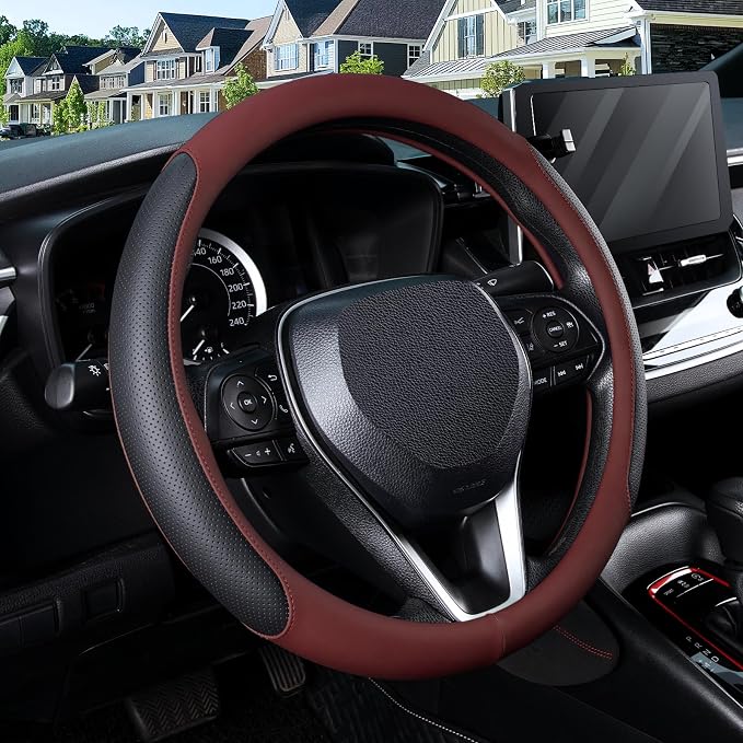Steering Wheel Cover for 14.5-15 inch Wheels, Breathable PU Leather with Perforated Sides, Anti-Slip Grip, Universal Fit for Cars & SUVs, Black and Burgundy