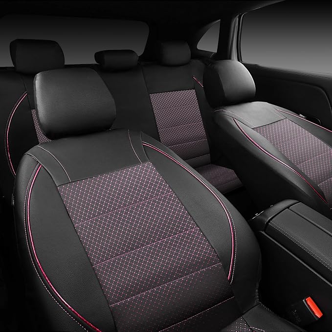 Piping PU Leather Car Seat Cover Full Set,Inside Zipper Design and Reserved Opening Holes，Airbag Compatible,Universal FIT for Car, SUVs,Van,Trucks（Full Set, Black & Pink）