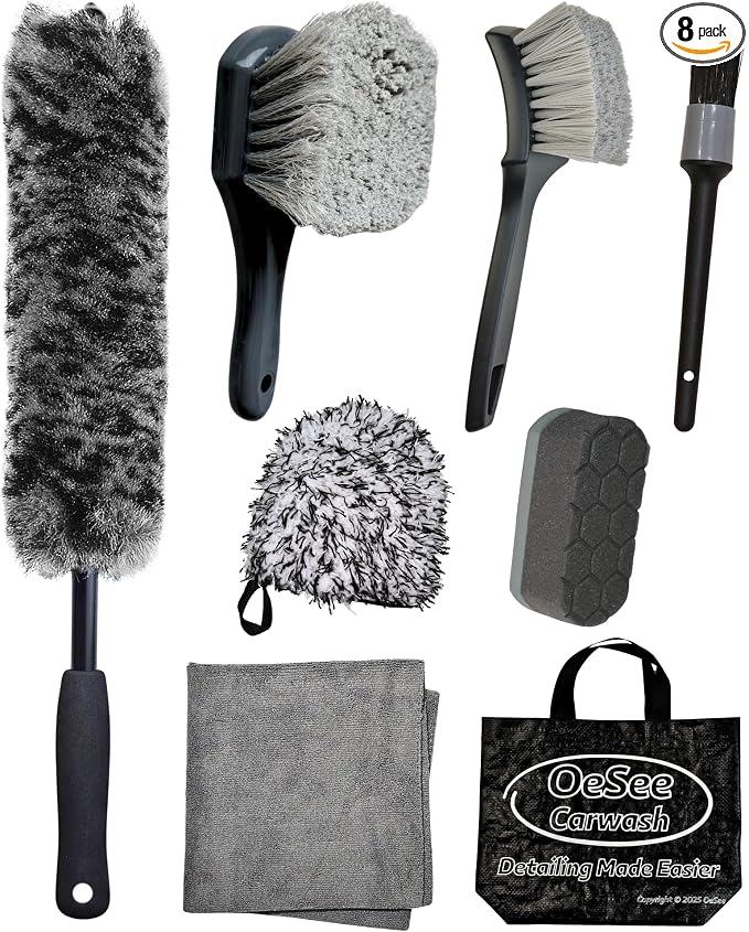 8PCS Pro Wheel Cleaning Kit - Synthetic Wool Brushes, Detailing Brush, Tire Brush, Wash Mitt, Drying Towel & Carry on Bag - Scratch-Free Rim Cleaning Kit