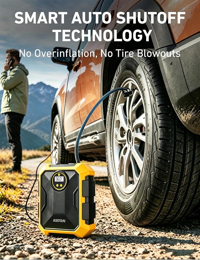 Tire Inflator Portable Air Compressor 12V DC 100PSI, Integrated Storage, Digital Gauge, Auto Shut-Off Fast Inflation LED Light, Air Pump for Car Tires Bike Motorcycle Other Inflatables, Yellow