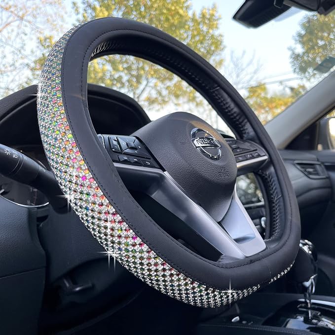 D Shaped Bling Comfy Steering Wheel Cover with Jumbo Crystal Rhinestones, Anti-Slip Diamond Leather, Flat Bottom 14.5-15 Inch (Colorful)