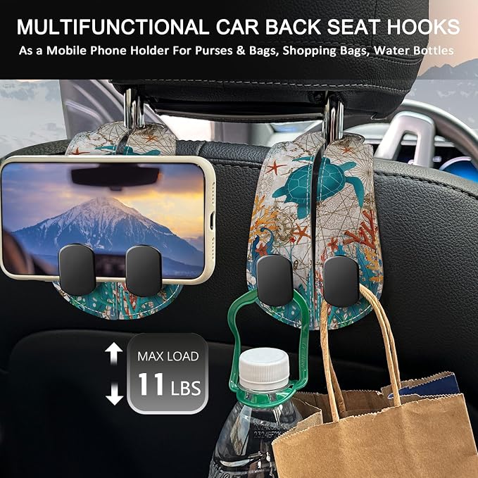 2PCS Car Seat Back Storage Headrest Hooks, Sea Turtle Purse Holder Bags Hanger, PU Leather Double Metal Hook for Backseat Organizer, Women Car Accessories Organization