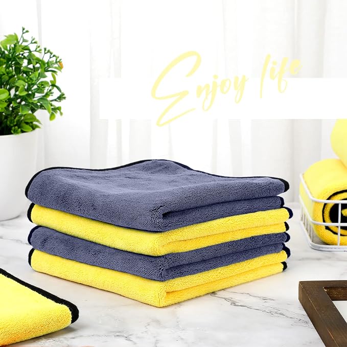 12 Pcs Microfiber Towels for Cars, 800 GSM Plush Drying Cleaning Cloth Bulk, 16 x 16 Inch Thick Absorbent Wash Detailing Towels for Car Polishing, House, Kitchen Cleaning(Yellow and Gray)