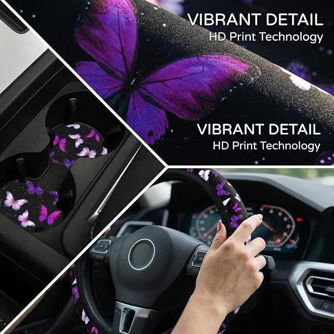 Butterfly Purple Steering Wheel Cover Set + Butterflies 2 Car Coasters | Cute Fashion Car Accessories, Breathable Anti-Slip, Universal 14-15 Inch, Neoprene Coasters, Gift for Women Men